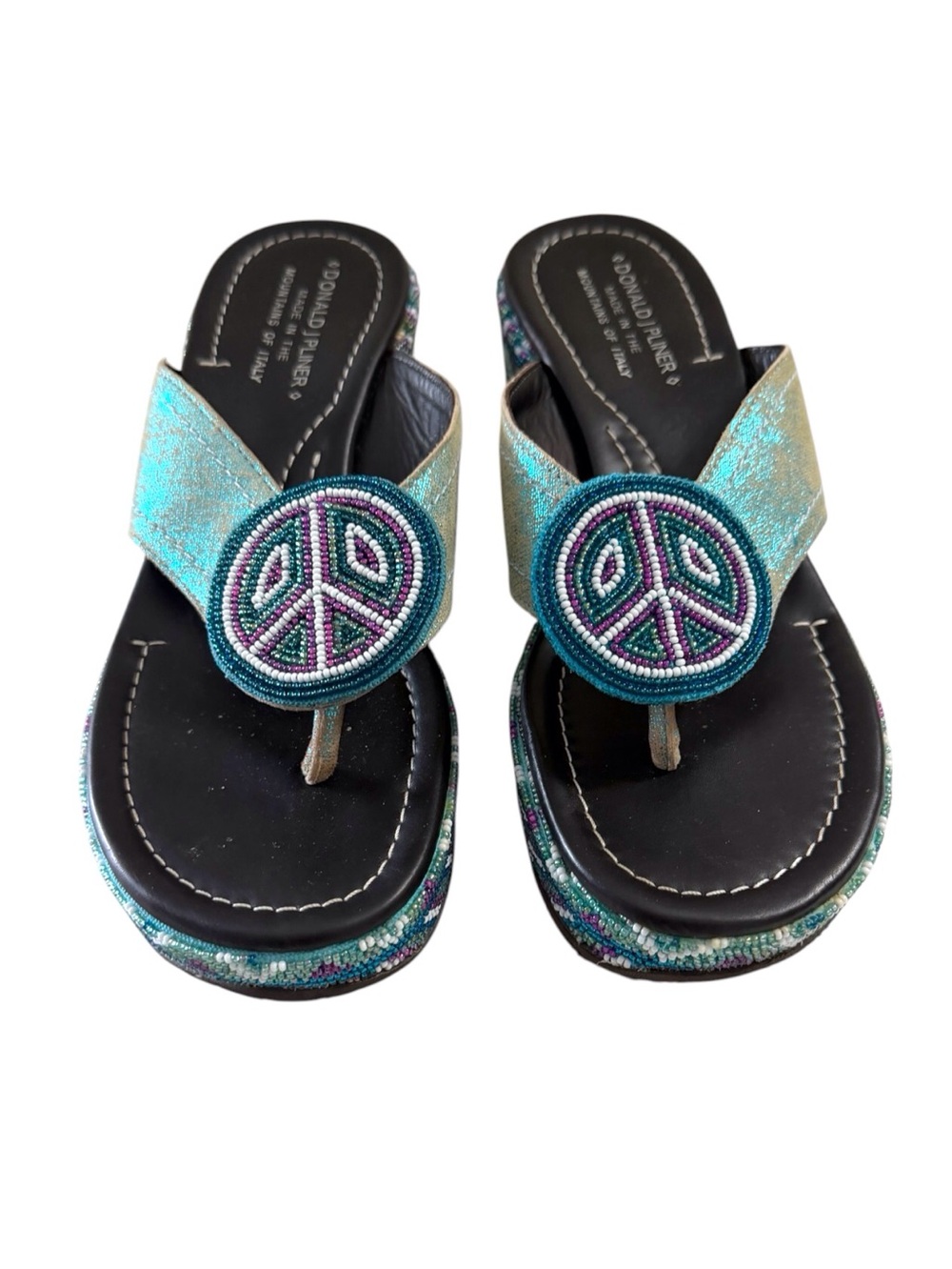 Y2K Donald Pliner Beaded Peace Sign Wedge Platform Sandal